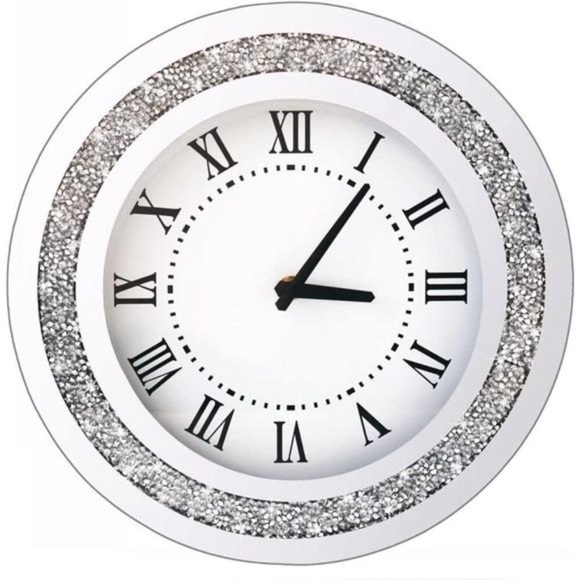 Silver Round Mirror Clock 12inch Crystal Sparkle Twinkle Bling Crush Diamond - Picture 3 of 6